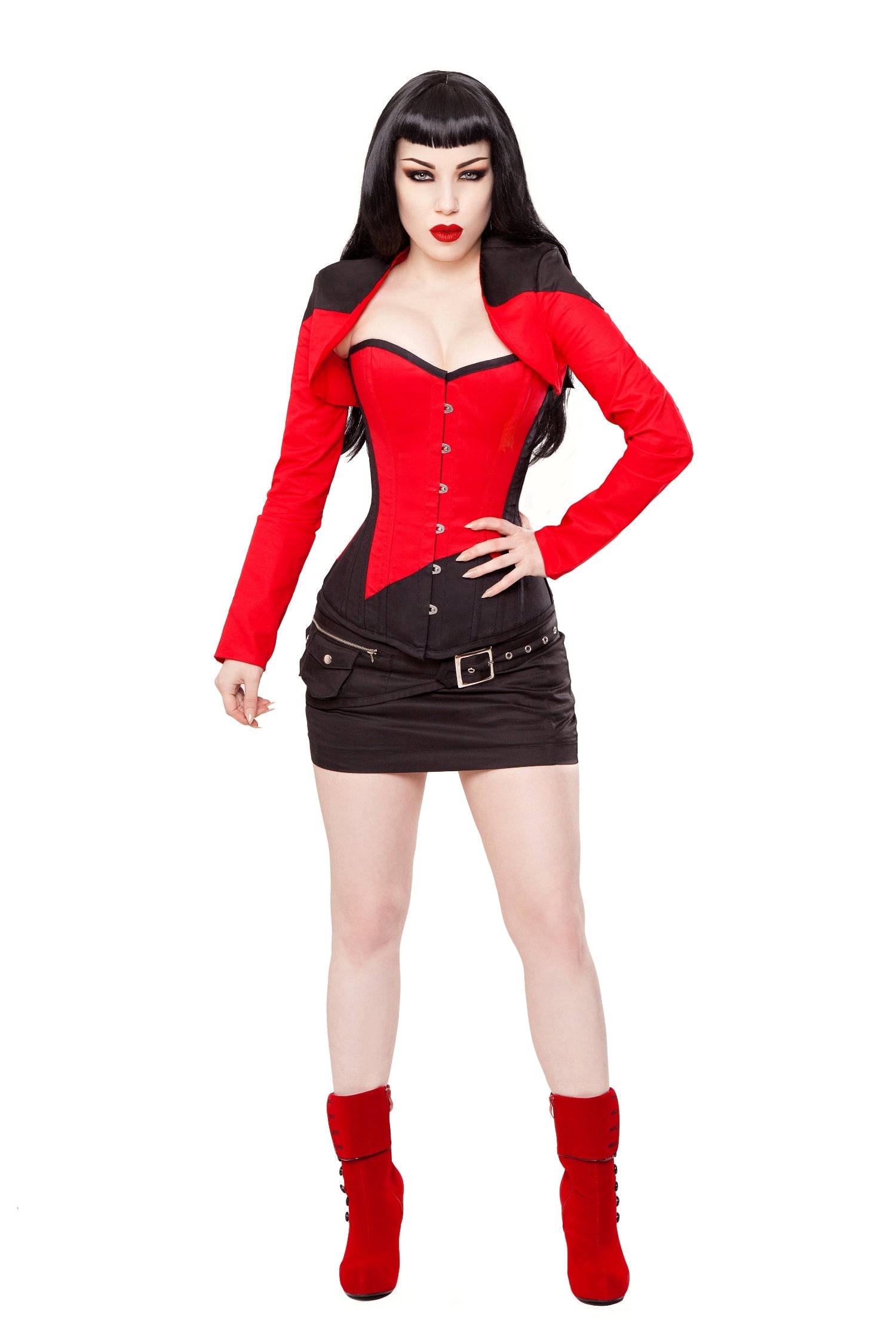 Playgirl Long Overbust Black & Red Steel Boned Corset