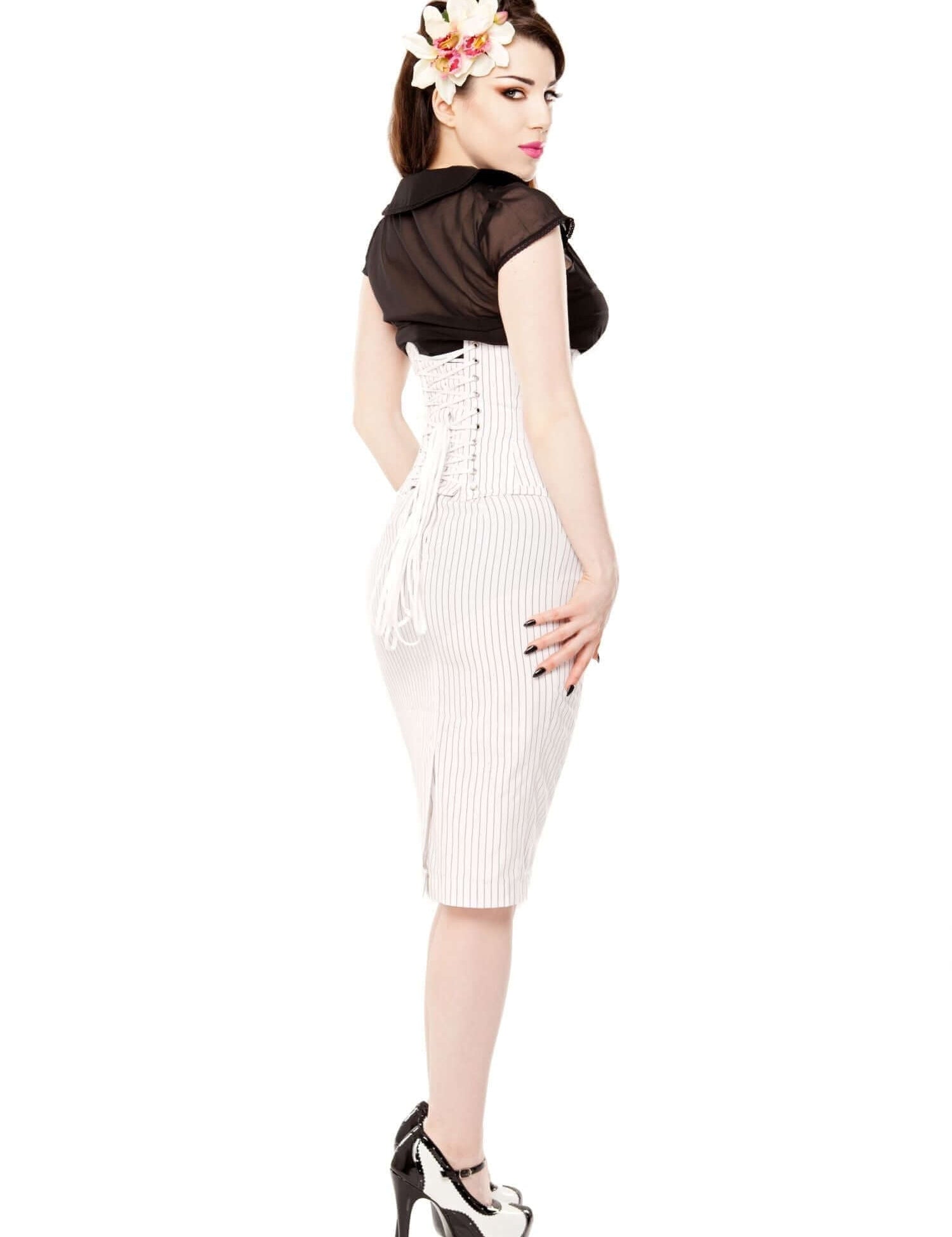 White Pinstripe Corset & Pencil Skirt With Shoes