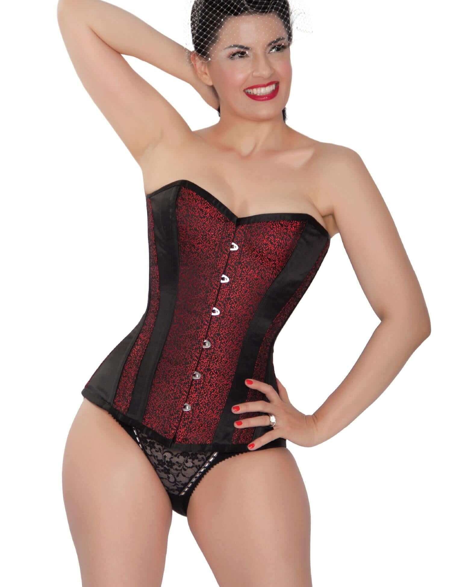 Playgirl Black Long Steel Boned Corset With Red Leaf Brocade Detail