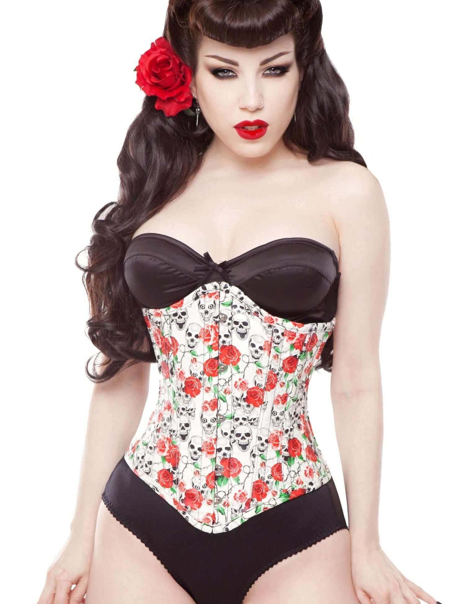 Playgirl Long Skulls & Roses Steel Boned Corset Cincher
