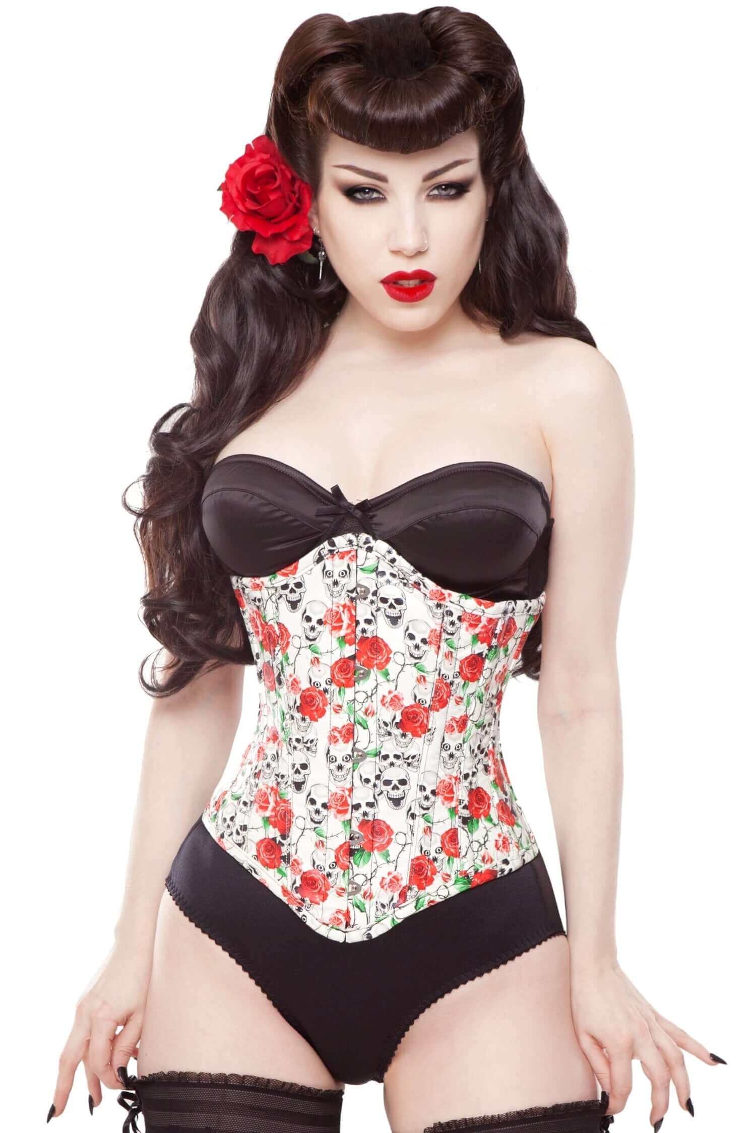 Playgirl Long Skulls &amp; Roses Steel Boned Corset Cincher