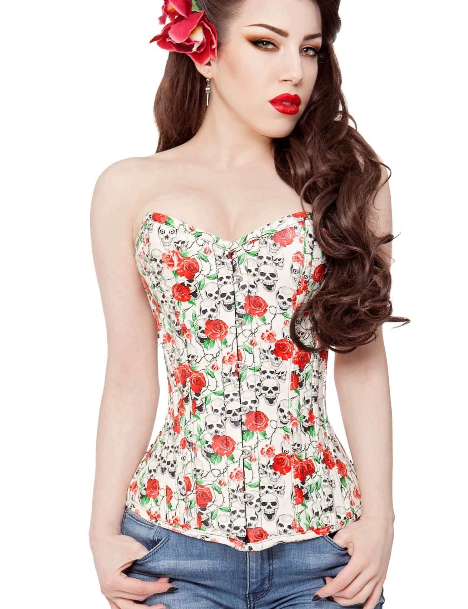 Playgirl Long Skull & Roses Overbust Steel Boned Corset