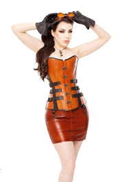 Playgirl Long Brown & Black Leather Overbust Buckles Corset