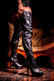Playgirl Thigh High Black Matt Boots With Patent Detail