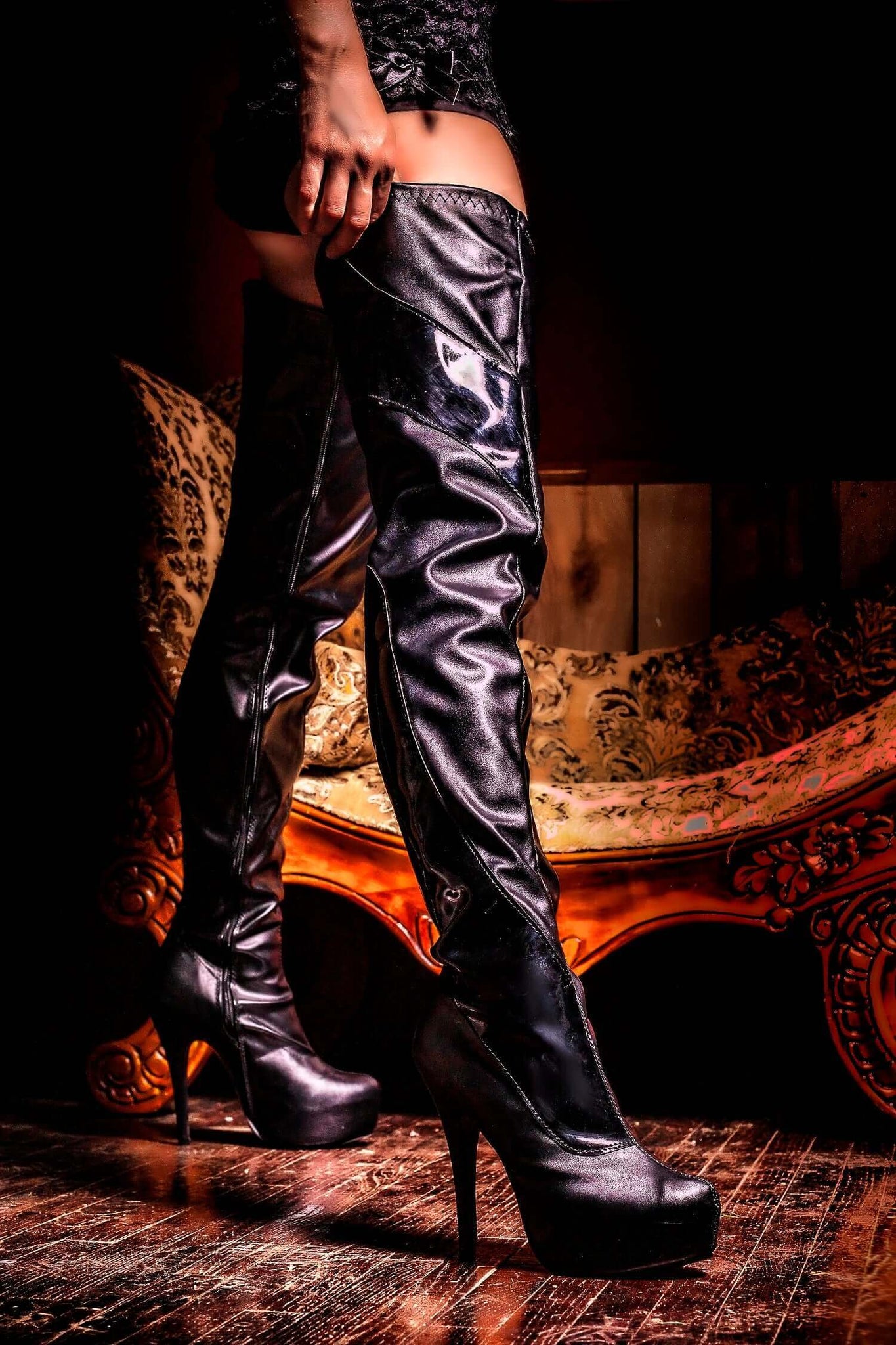 Black pvc thigh high boots clearance